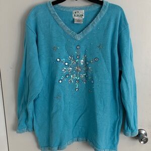 Quacker Factory Aqua Blue V-Neck Sweater with Sequin Trim